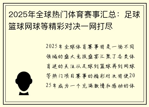 2025年全球热门体育赛事汇总：足球篮球网球等精彩对决一网打尽