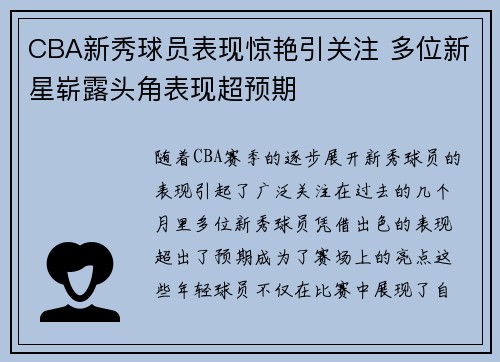 CBA新秀球员表现惊艳引关注 多位新星崭露头角表现超预期