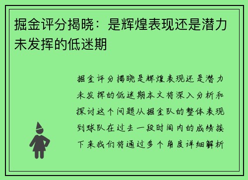 掘金评分揭晓：是辉煌表现还是潜力未发挥的低迷期