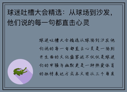 球迷吐槽大会精选：从球场到沙发，他们说的每一句都直击心灵