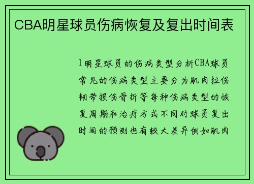 CBA明星球员伤病恢复及复出时间表